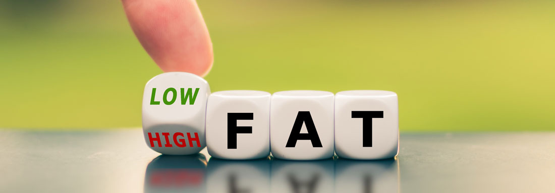 Low fat three dice showing the word "FAT", the fourth (first) die is tipped with the finger and either "LOW" or "HIGH"-FAT, Low Fat appears.