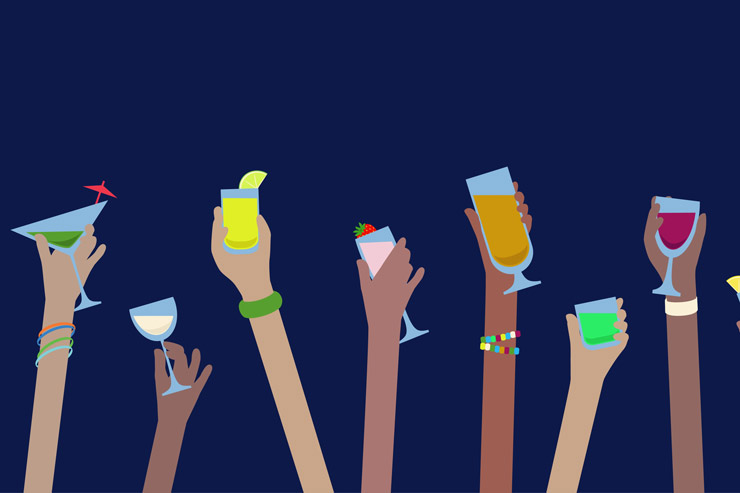Alcohol consumption: many hands holding various drinks with alcohol