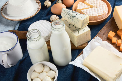Dairy products: various cheeses, cottage cheese, milk, butter and chicken and quail eggs