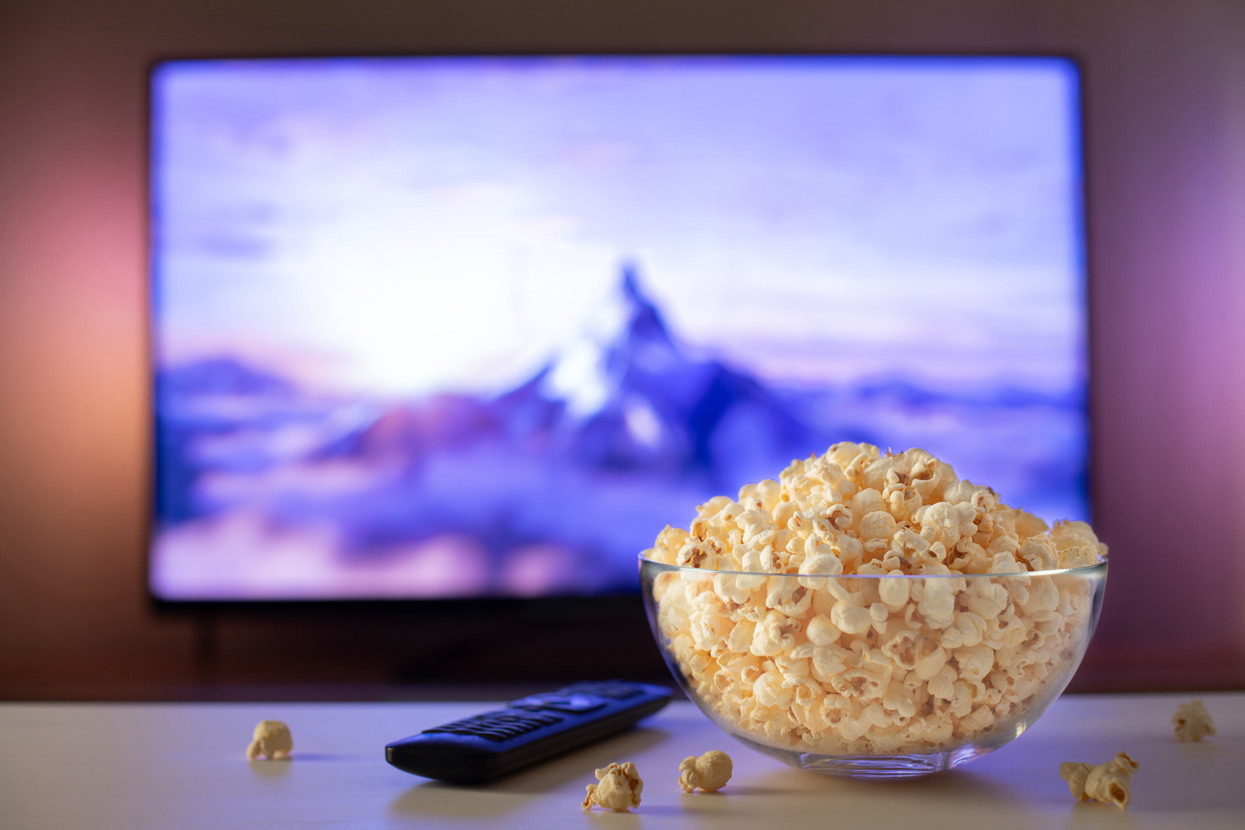 blog bowl of popcorn in front of the TV
