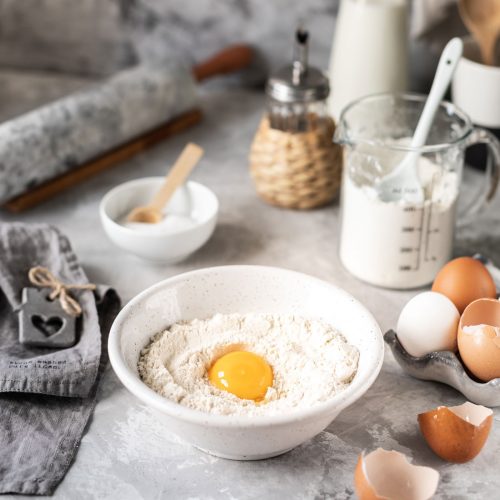 Baking ingredients: Sugar, milk, flour, eggs